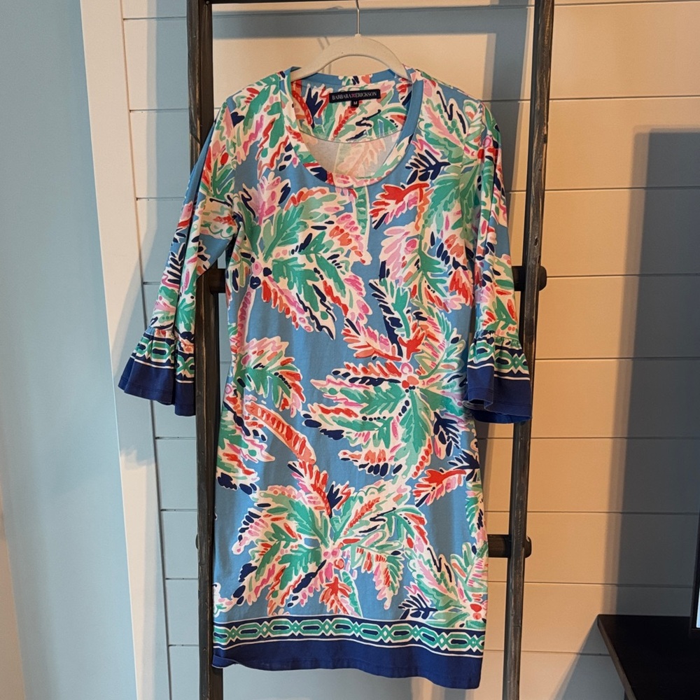 Tropical Floral Long-Sleeve Shift Dress - Blue Multi